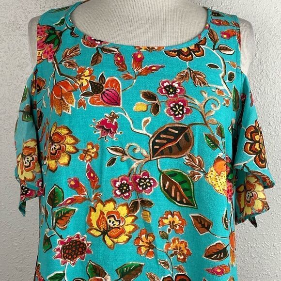 EUC Unbranded (Tag Cut Out) Floral Teal Peekaboo/Cold Shoulder Short Sleeve Top - Picture 2 of 5